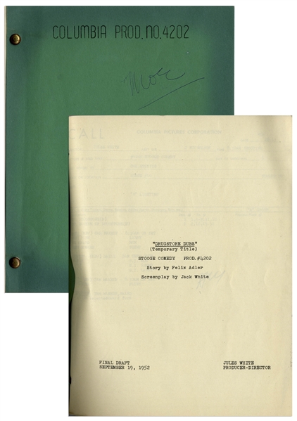 Moe Howard's 8pp. Script Dated September 1952 for The Three Stooges Film ''Bubble Trouble'', Working Title ''Drugstore Dubs'' -- Signed by Moe on Cover & With Additional Call Sheet -- Very Good